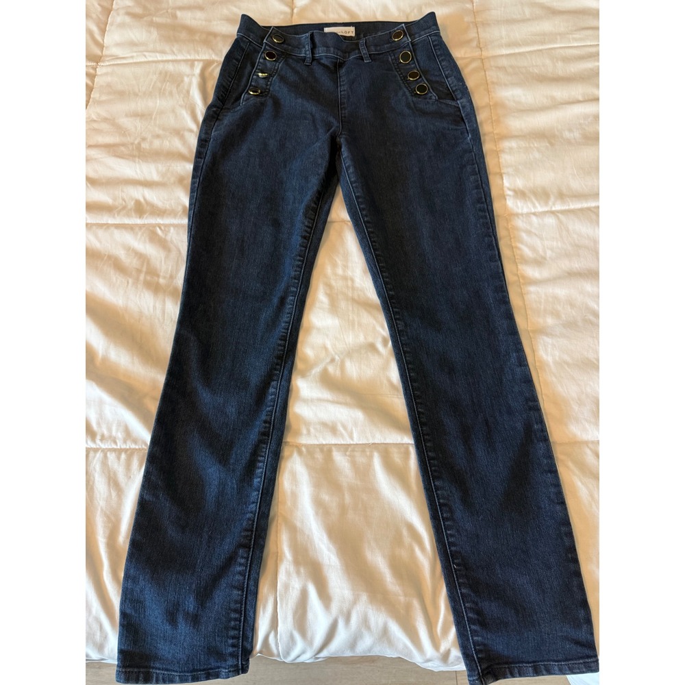 LOFT Modern Skinny Sailor Jeans Dark Wash Blue Gold Button High Rise Size 26/2